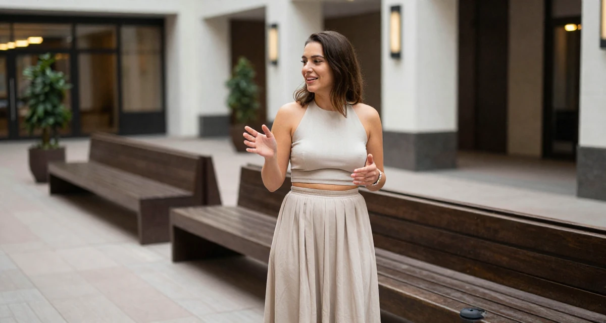 A hopeful Female From Tampere Finland, learned intimate storytelling through slow-mode videography in their 24, learning how to set boundaries in private messages, wearing a halter neck crop top and a flowing maxi skirt, gesturing while talking in a luxury hotel lobby.