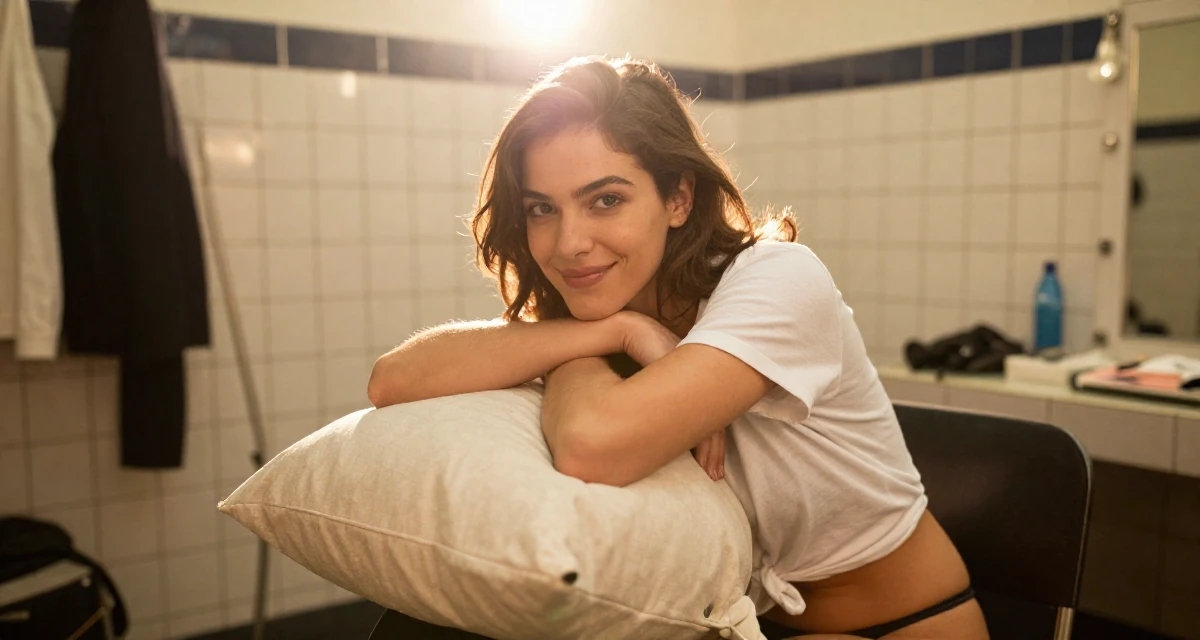 A smiling gently Female Former security guard, now a bold confidence-themed creator in their 26, dealing with younger competition while finding identity, wearing a classic white t-shirt knotted at the front and bikini bottoms, hugging a pillow or cushion in a backstage dressing room.