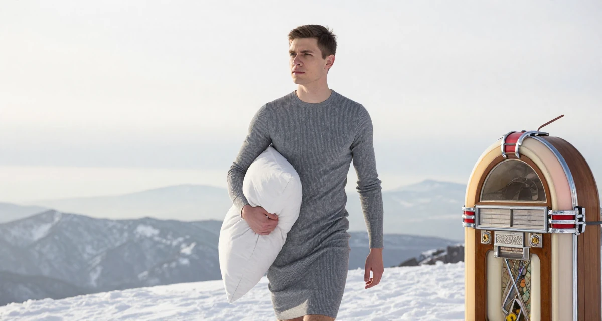 A thoughtful male From Russia, studied mathematics and cybernetics in their 32, building a side hustle while working full-time, wearing a fitted ribbed dress, hugging a pillow or cushion in a snowy mountain peak.