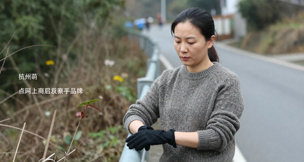 A pensive Female From Hangzhou China, studied online commerce and lifestyle branding in their 39, building a brand around authentic storytelling, wearing a textured wool sweater, removing a glove in a country road.