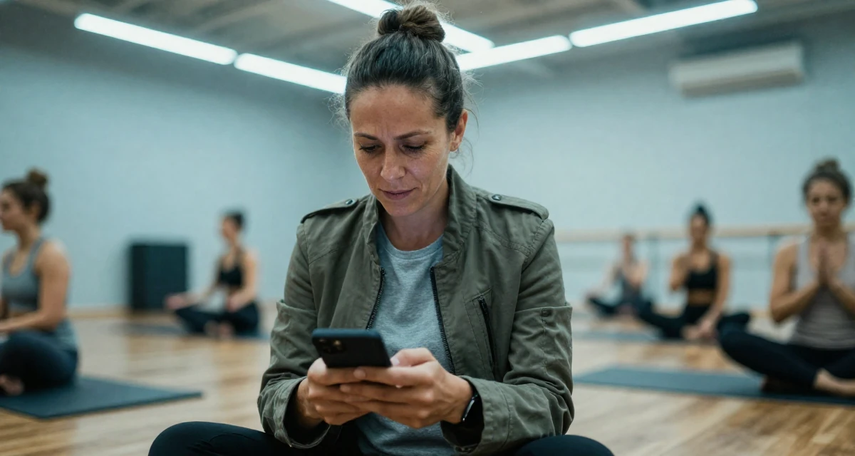 A victorious Female From Madagascar, majored in ecotourism in their 40, facing mid-career uncertainty, wearing a structured jacket with casual tee, reading a text message in a yoga studio.