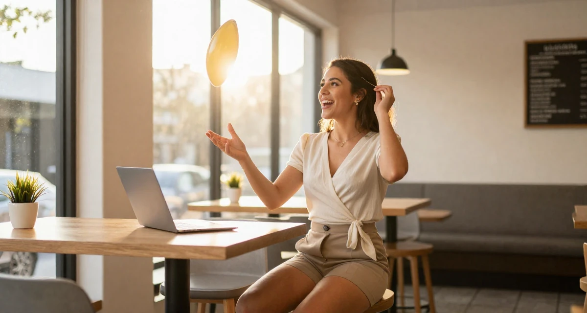 A ecstatic Female From Auckland New Zealand, studied animation in their 25, juggling part-time jobs with studies, wearing a wrap-front blouse and tailored shorts, adjusting a hairpin in a cozy café.