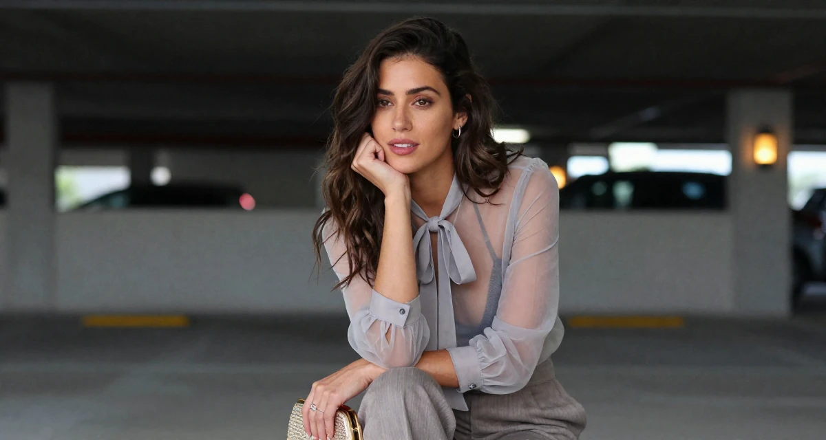 A gentle Female From Miami USA, studied body aesthetics and bikini competition prep in their 25, vibrating with creative potential, wearing a sheer chiffon blouse with a bow tie neck and slacks, clutching a clutch bag in a underground parking garage.