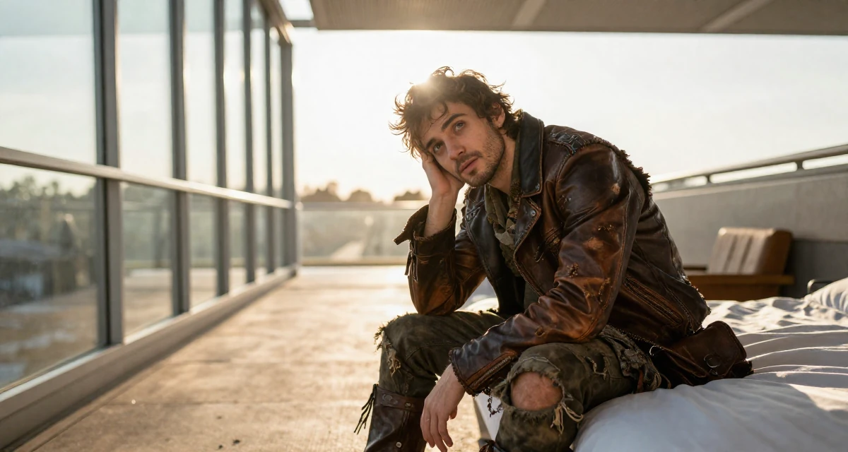 A yearning male Former graphic design student, now using visuals for intimate storytelling in their 33, embracing a solo travel lifestyle, wearing a post-apocalyptic scavenger outfit with distressed leather, leaning head on a hand in a bridge walkway.