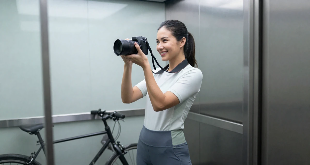 A pleased Female Previously a construction worker, now documenting strength-expressive lifestyle in their 23, seeking career clarity through trial and error, wearing a modern tech-wear inspired look, holding a camera ready to shoot in a corporate elevator.