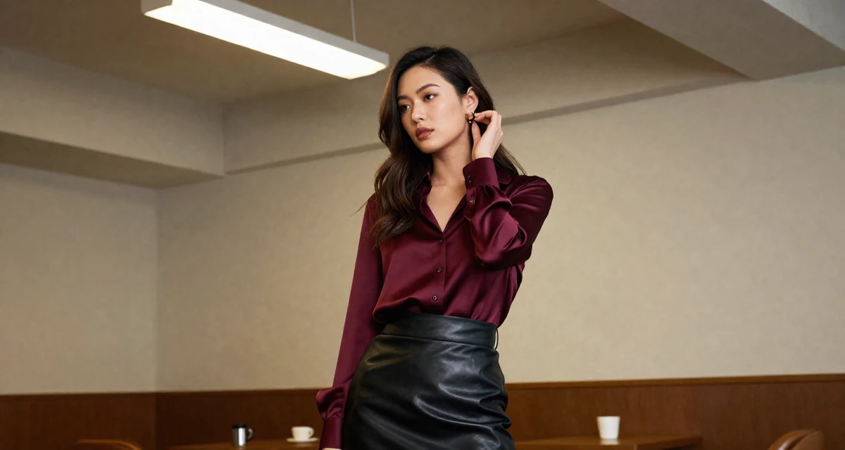 A introspective Female From Hong Kong, studied digital media arts in their 25, learning to hold eye contact through the lens, wearing a burgundy silk blouse and black leather skirt, putting on earrings in a coffee shop corner.