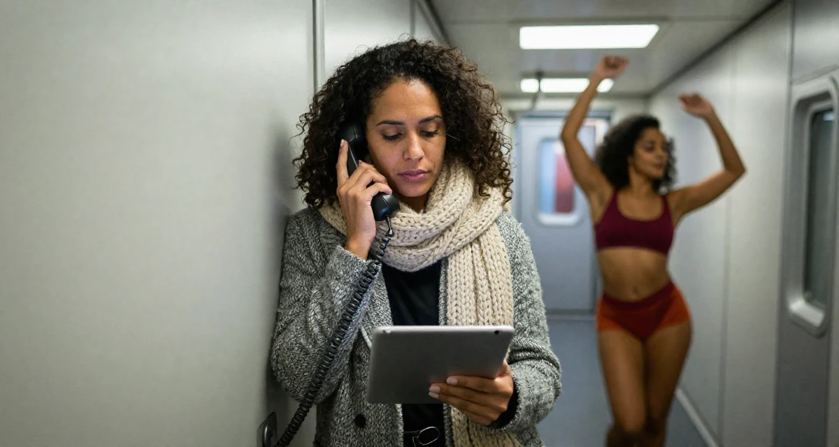A mellow Female From São Paulo Brazil, practiced samba dance and sensual movement in their 42, sharing the reality of executive burnout, wearing a heavy knit scarf and coat, holding a tablet in a spaceship corridor.