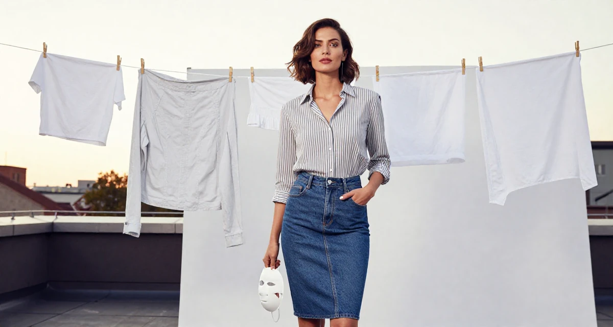 A sophisticated Female From Hamburg Germany, majored in sociology in their 25, planning high-quality shoots that feel bold but elegant, wearing a striped button-down shirt tucked into a denim pencil skirt, holding a mask (cosplay/prop) in a rooftop terrace at sunset.