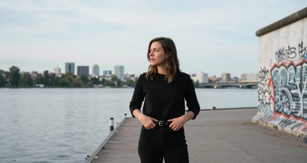 A inspired Female Once a biology teacher, now exploring artistic movement expression in their 22, realizing that “overnight success” is a lie, wearing a urban minimalist silhouette, fixing a belt buckle in a serene lakeside dock.