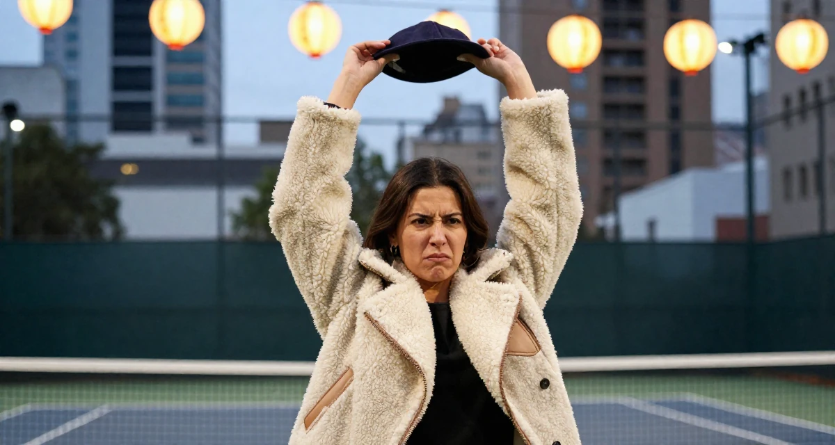 A impatient Female From Ecuador, based in Guayaquil, graduated from a private institute majoring in consumer psychology in their 25, discovering the mental toll of constant visibility, wearing a warm shearling jacket, holding a hat in a tennis court.