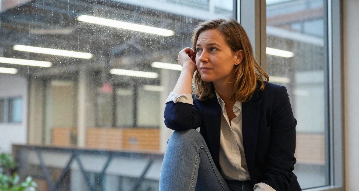 A carefree Female From Norway, studied renewable energy engineering in their 24, taking creative work more seriously, wearing a business casual outfit with jeans and a blazer, tucking hair behind an ear in a university campus.