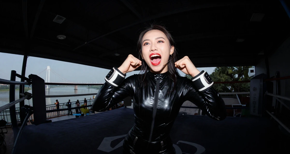 A vibrant and alive Female From Vietnam, majored in international business in their 23, feeling the thrill of posting a bold outfit for the first time, wearing a glossy black latex bodysuit with futuristic details, adjusting sleeves in a boxing ring.