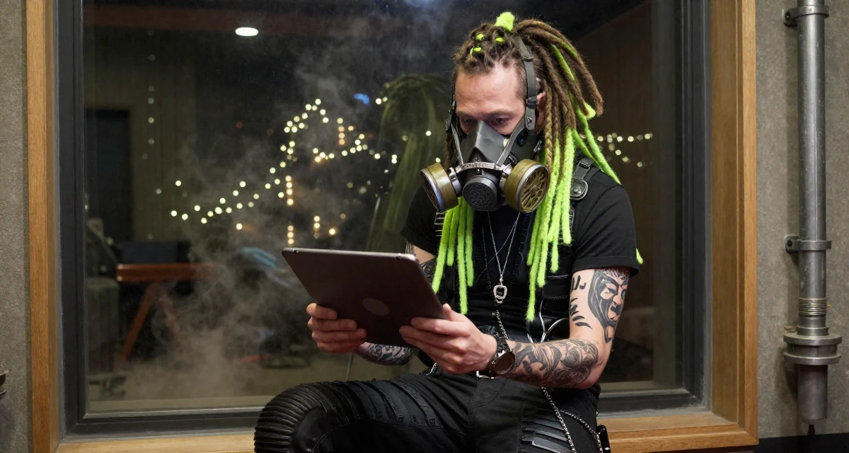 A bold and charismatic male Once a tattoo apprentice, now a creator blending ink culture and lifestyle in their 45, reviewing anti-aging products with honesty, wearing a cyber-goth outfit with gas mask and neon dreads, holding a tablet device in a recording booth.