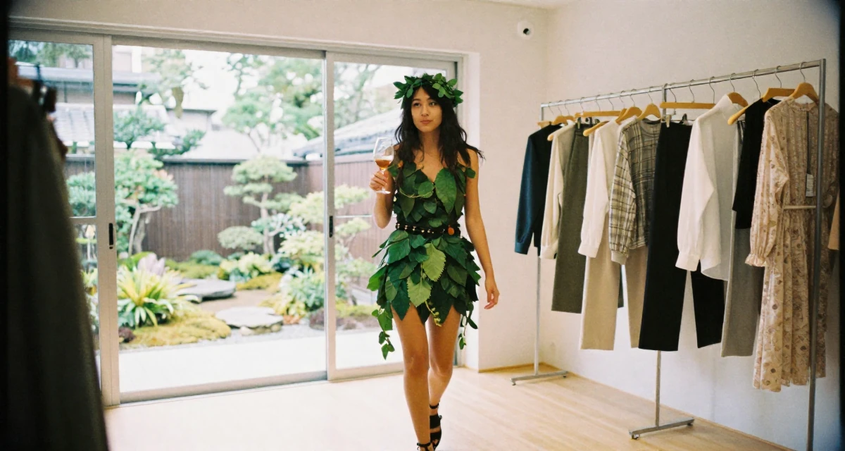 A unbothered Female Former fashion retail worker, now curating premium outfit inspiration in their 22, transitioning from internships to real jobs, wearing a forest dryad costume made of leaves and vines, holding a wine glass by the stem in a modern apartment.