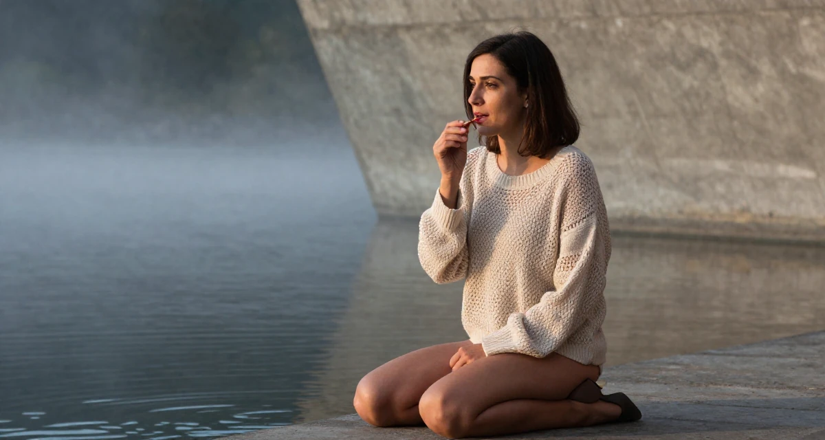A observant Female From Ankara Türkiye, holds a degree in international trade in their 47, preparing for empty-nest life, wearing a loose open-knit sweater showing skin underneath, humming a tune visually in a concert hall.