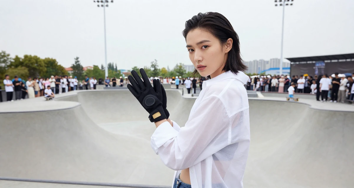 A empowered Female Once a warehouse picker, now building a creator brand from scratch in their 22, learning that fans disappear as fast as they come, wearing a translucent white blouse and a dark bra underneath, putting on a glove in a skate park.