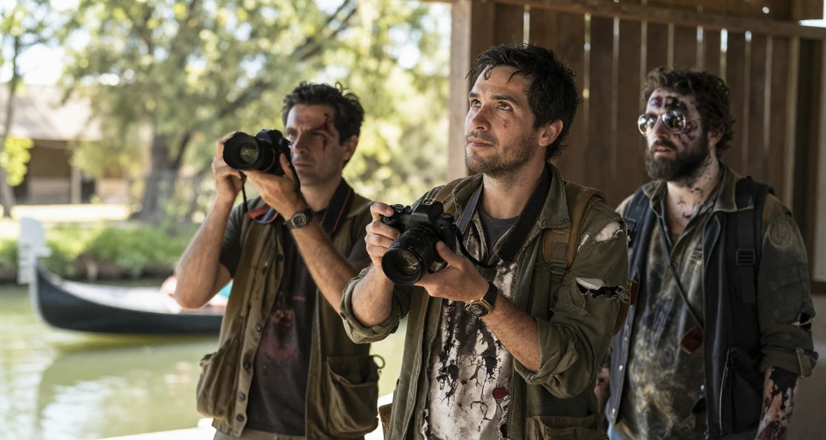 A peaceful male From Chile, studied commercial design in their 45, mentoring younger colleagues, wearing a zombie apocalypse survivor gear with torn clothes, holding a camera ready to shoot in a barn interior.
