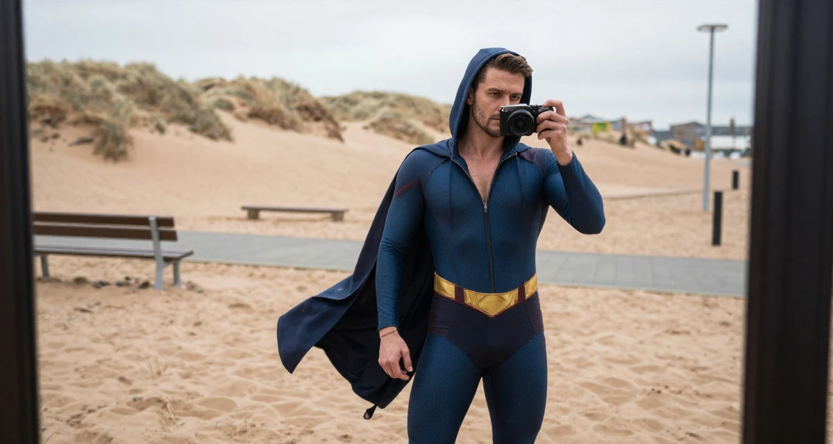 A yearning male From Scotland, studied game design in their 32, urban explorer finding beauty in the city, wearing a superheroine spandex suit with a cape, zipping up a hoodie in a desert sand dunes.