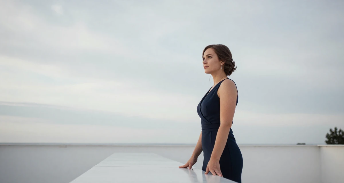 A thoughtful Female From Russia, studied mathematics and cybernetics in their 23, seeking career clarity through trial and error, wearing a elegant evening casual wear, resting hands on a table in a wedding venue.