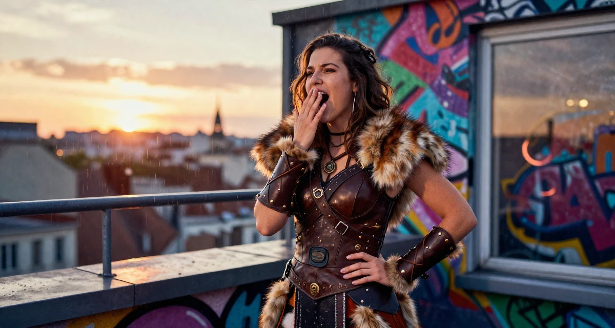 A upbeat Female From Lyon France, learned couture aesthetics and editorial styling in their 21, feeling the anxiety of impending graduation, wearing a barbarian warrior outfit with faux fur and leather, yawning discreetly in a rooftop terrace at sunset.