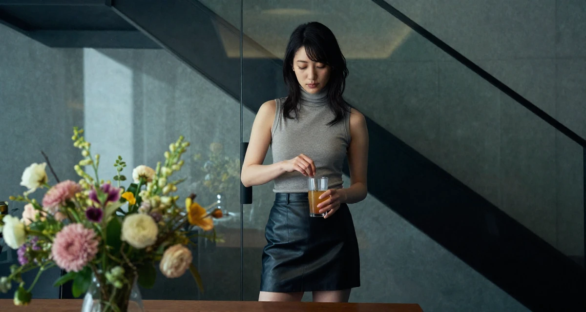 A timid Female From Japan, studied English literature in their 25, treating sensual creativity as a serious artistic craft, wearing a fitted turtleneck sleeveless top and a leather mini skirt, stirring a drink in a glass-walled conference room.