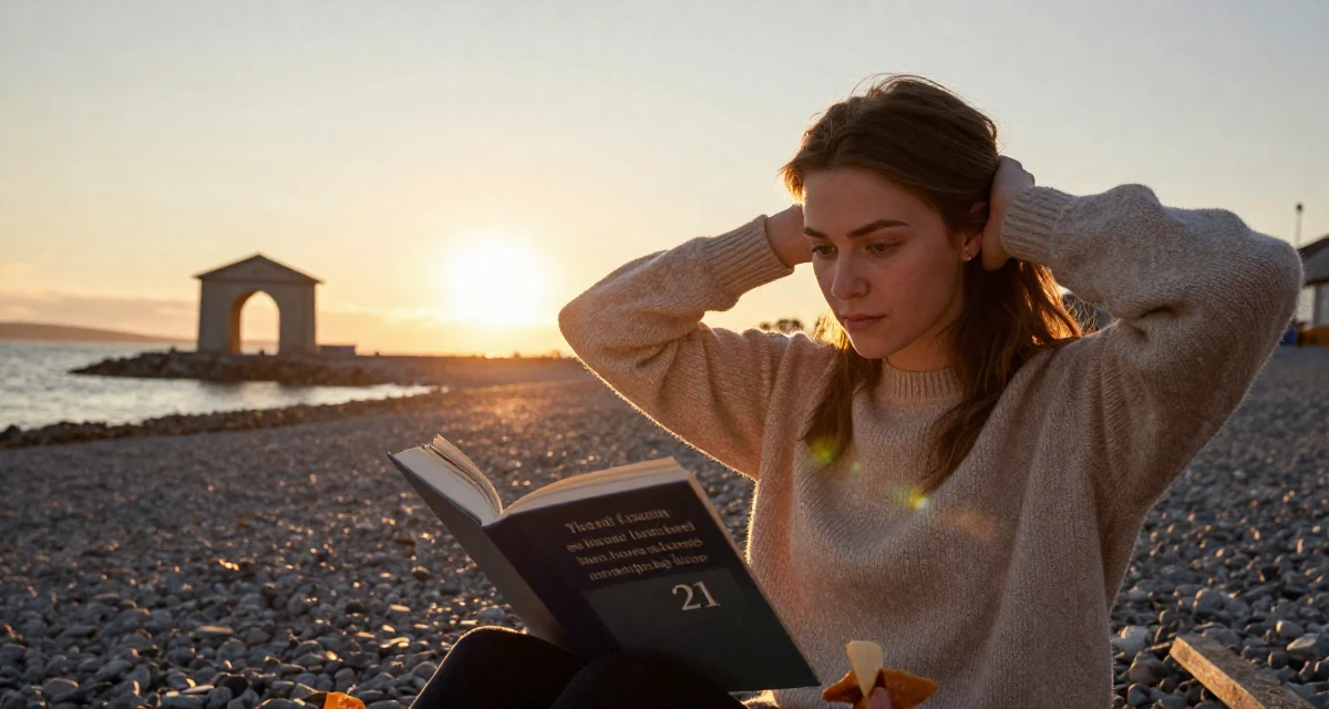 A reflective Female From Norway, based in Stavanger, graduated from a cultural college majoring in mood-centered photography in their 21, reading philosophy and questioning everything, wearing a soft cashmere sweater look, holding a snack in a sunset beach.