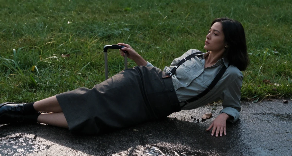 A aloof but intriguing Female From Vancouver Canada, majored in fine arts in their 24, investing in quality furniture and lifestyle, wearing a high-waisted skirt with suspenders and a shirt, polling a luggage handle in a grassy field.