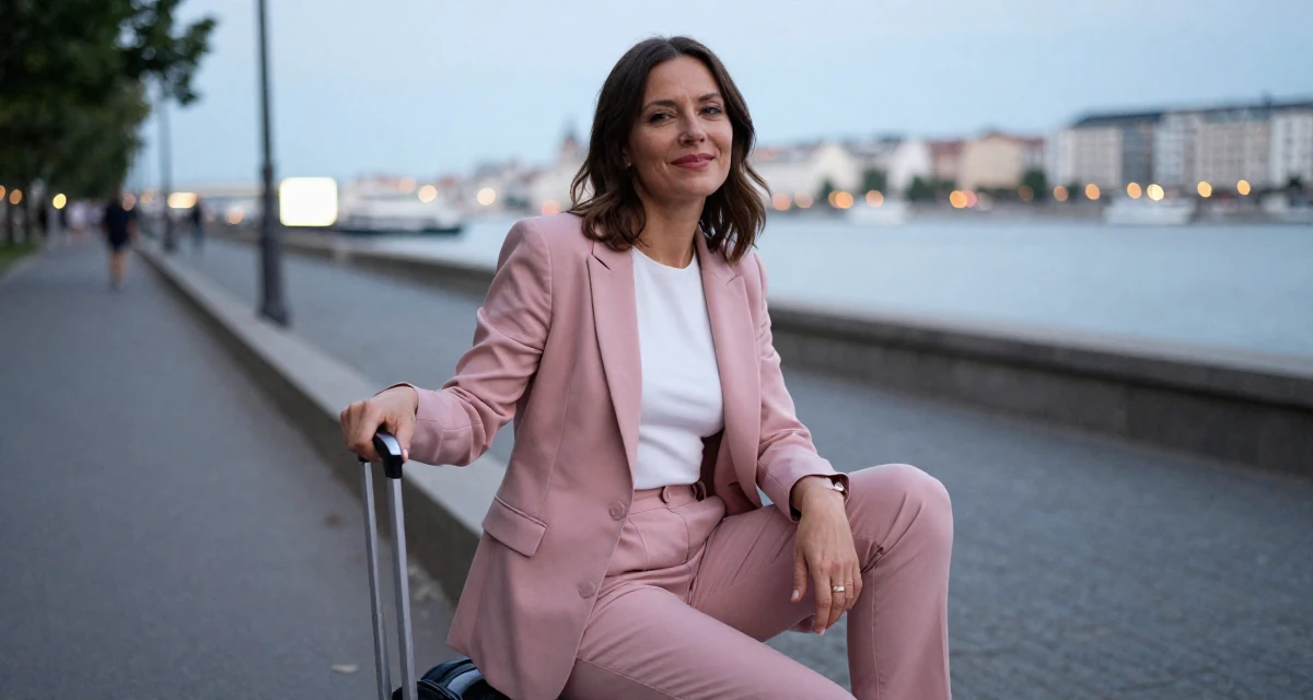 A amused Female From Hungary, majored in communication strategy in their 40, embracing natural beauty and self-acceptance, wearing a tailored pantsuit in pastel pink with a white top, polling a luggage handle in a city sidewalk.