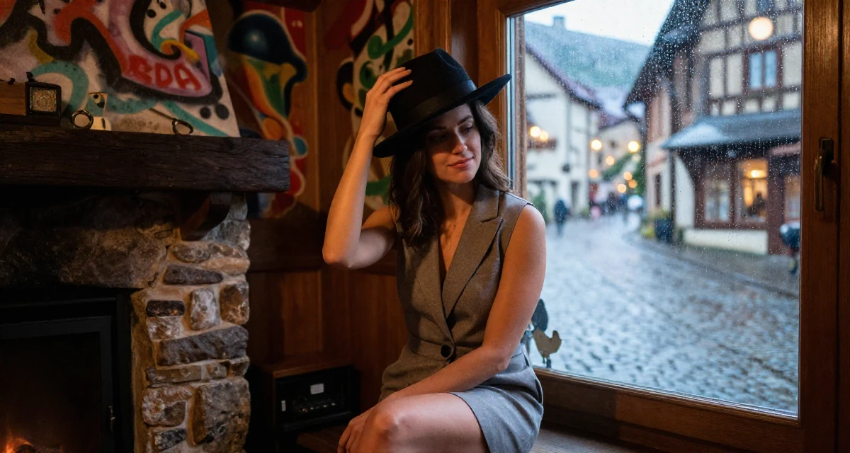 A gentle and kind Female Once a high-school English tutor, now exploring sensual storytelling in their 27, learning that passion doesn’t protect you from stress, wearing a sleeveless blazer dress showing toned arms, holding a hat in a ski lodge fireplace.
