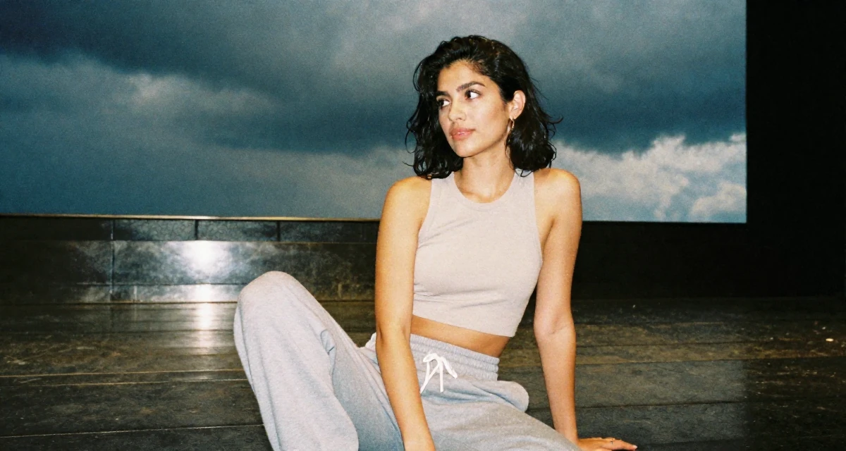 A coy Female Once a barista, now a full-time creator leaning into aesthetic storytelling in their 44, proud of professional achievements and growth, wearing a cropped tank top and low-waisted sweatpants, glancing sideways in a empty theater stage.