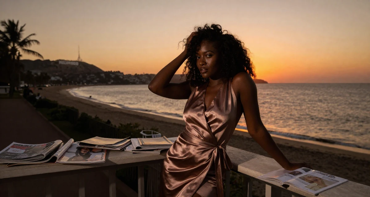 A ethereal Female From Gabon, studied oil and gas management in their 28, mastering the art of work-life boundaries, wearing a satin wrap dress tied loosely at the waist, messing up hair playfully in a beach promenade.
