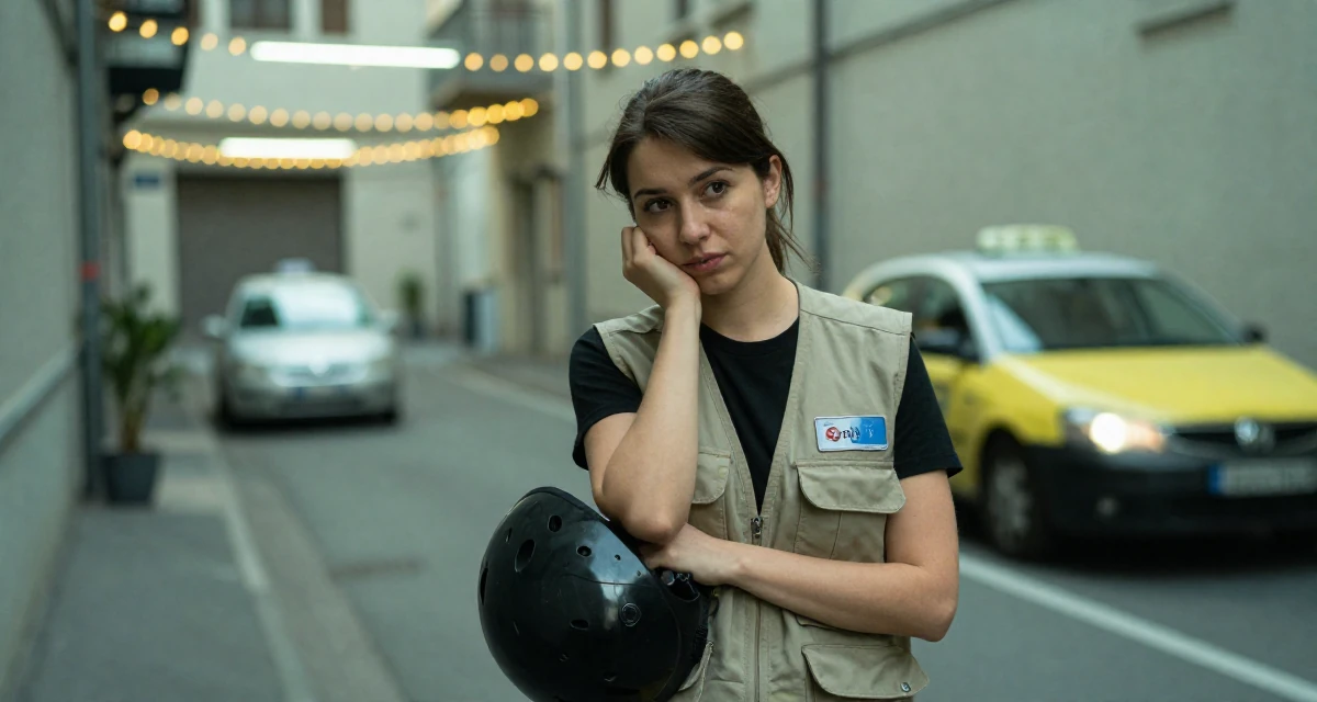 A sentimental Female From Geneva Switzerland, studied international hospitality in their 33, dealing with rising living costs, wearing a urban explorer utility vest look, holding a helmet in a quiet alleyway.