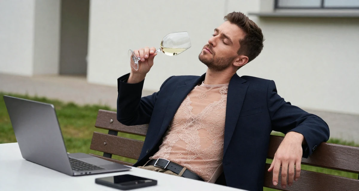 A stoic male Once a soldier trainee, now exploring softer sides through creator work in their 49, noticing early burnout signs, wearing a sheer lace bodysuit worn under a blazer, holding a wine glass by the stem in a park bench.