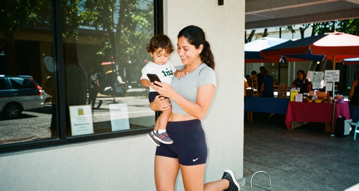 A bright and optimistic Female From Mexico, majored in law in their 35, raising a toddler while building a business, wearing a cropped gym top and high-cut running shorts, typing a message in a university campus.