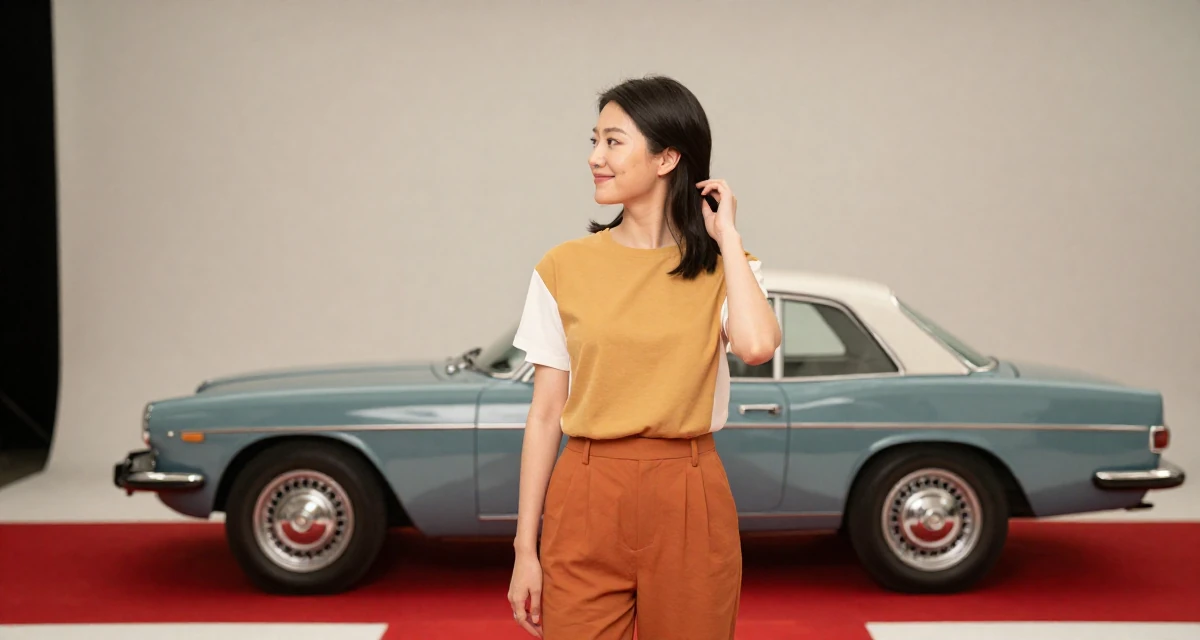 A pleased Female Once a junior photographer, now the subject of her own shoots in their 38, investing in real estate and passive income, wearing a bold color-block outfit, tucking hair behind an ear in a red carpet event.