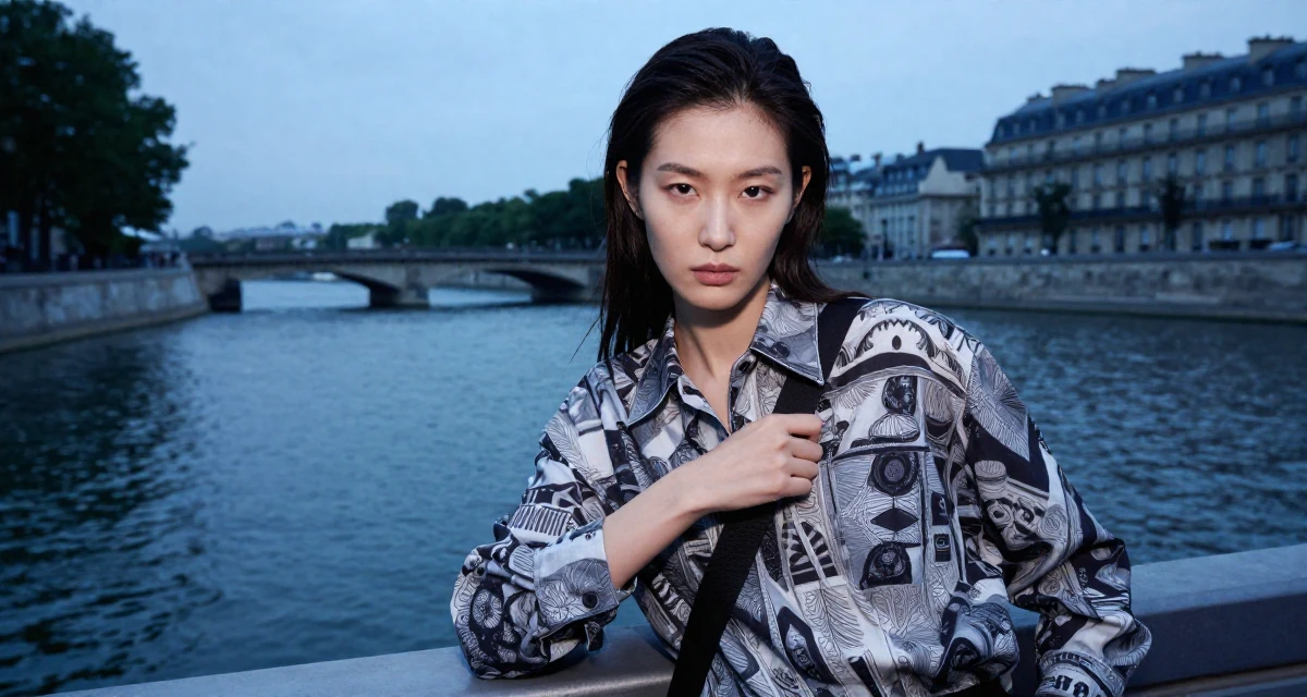 A serious Female From South Korea, studied textile design and fashion in their 22, confronting self-doubt in early career roles, wearing a relaxed fit patterned shirt, adjusting a shoulder strap in a serene lakeside dock.