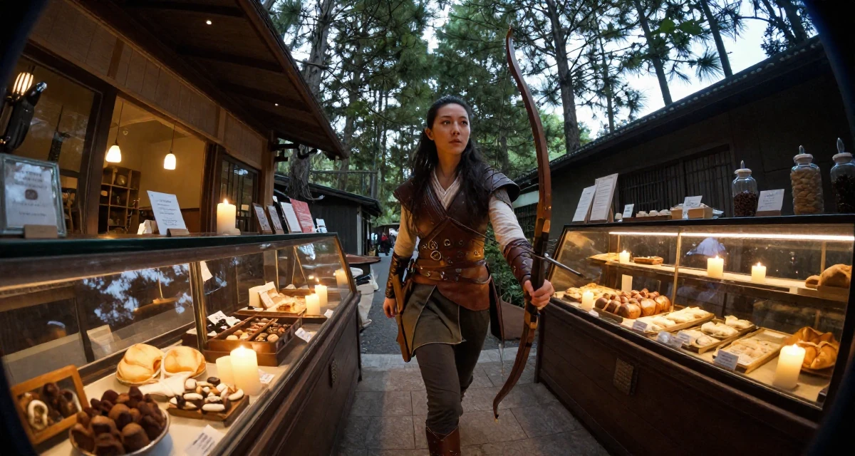 A mysterious Female From Taiwan, based in Kaohsiung, graduated from an arts program majoring in intimate scene design in their 40, turning a lifelong hobby into a profession, wearing a fantasy elven archer outfit with leather armor details, shivering slightly in a bakery counter.