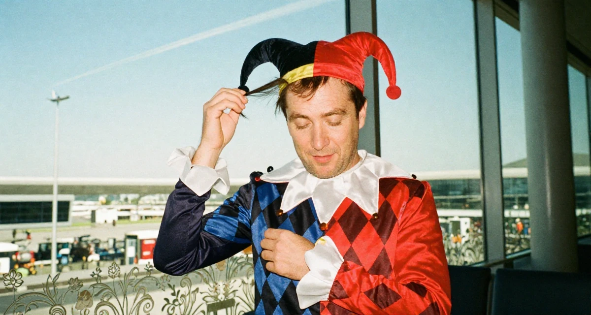 A romantic male Former accountant in her 40s, now embracing body confidence and digital art in their 35, sharing the journey of learning a new language, wearing a harlequin jester costume with a diamond pattern, adjusting sleeves in a airport terminal.