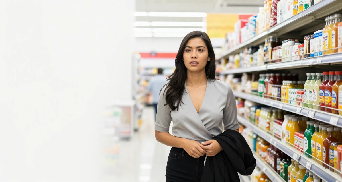A ambitious Female From the Philippines, based in Davao, graduated from a communication program majoring in fan engagement dynamics in their 25, optimizing scenes for mood, not explicitness, wearing a wrap blouse with a deep neckline, putting on a jacket in a supermarket aisle.