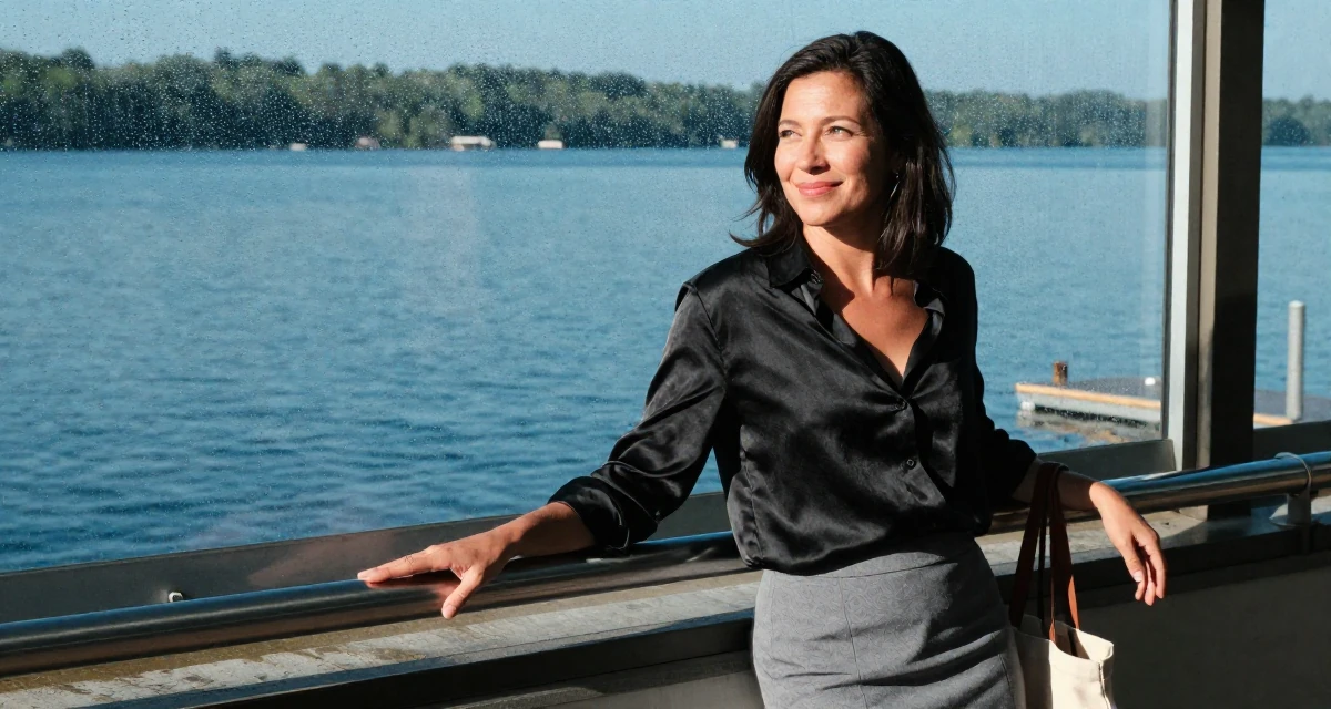 A quietly happy Female From USA, majored in journalism and media studies in their 50, feeling more vibrant and energetic than ever, wearing a black silk blouse slightly unbuttoned and a grey skirt, carrying a tote bag in a lakeside dock.