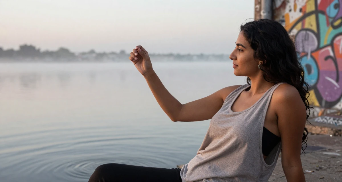 A zen-like Female From Arabic-speaking world, studied business law in their 25, trying to build an aesthetic that feels authentic, wearing a loose tank top with deep side cuts, picking something up in a urban street.