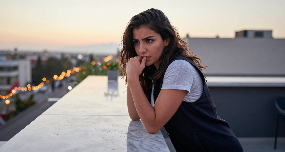 A teasing Female From Syria, studied business IT in their 25, still unsure how to price beginner subscriptions, wearing a casual vest and t-shirt layer, biting the lower lip softly in a rooftop terrace at sunset.
