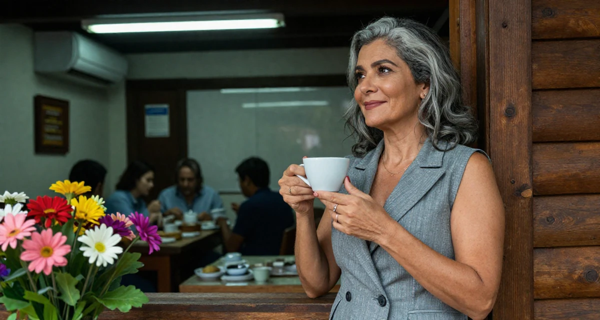 A blissful Female From Rio de Janeiro Brazil, majored in public relations in their 48, embracing grey hair with style and grace, wearing a sleeveless blazer dress showing toned arms, holding a cup of coffee in a rustic wooden cabin interior.