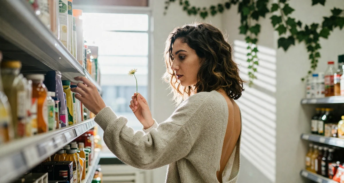 A mysterious Female From Uruguay, studied anthropology in their 22, sacrificing weekends for content planning, wearing a open-back sweater showing the spine, holding a single flower in a supermarket aisle.