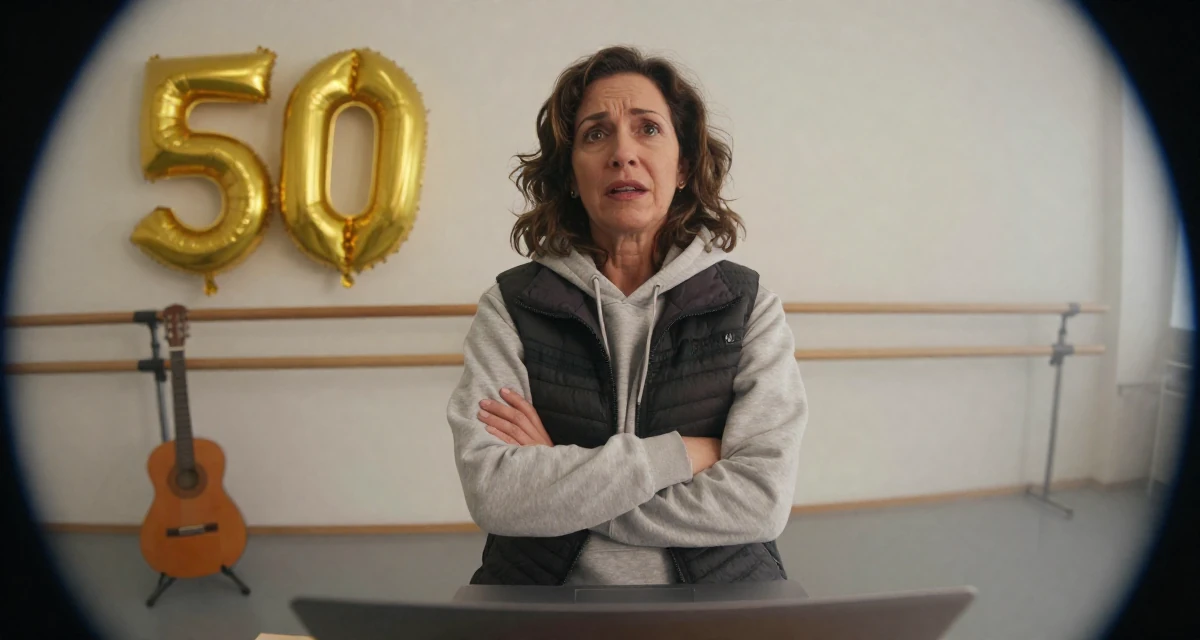 A emotionally moved Female From Chile, studied commercial design in their 50, golden jubilee celebration of life, wearing a layered vest over hoodie, holding a laptop in a ballet studio.