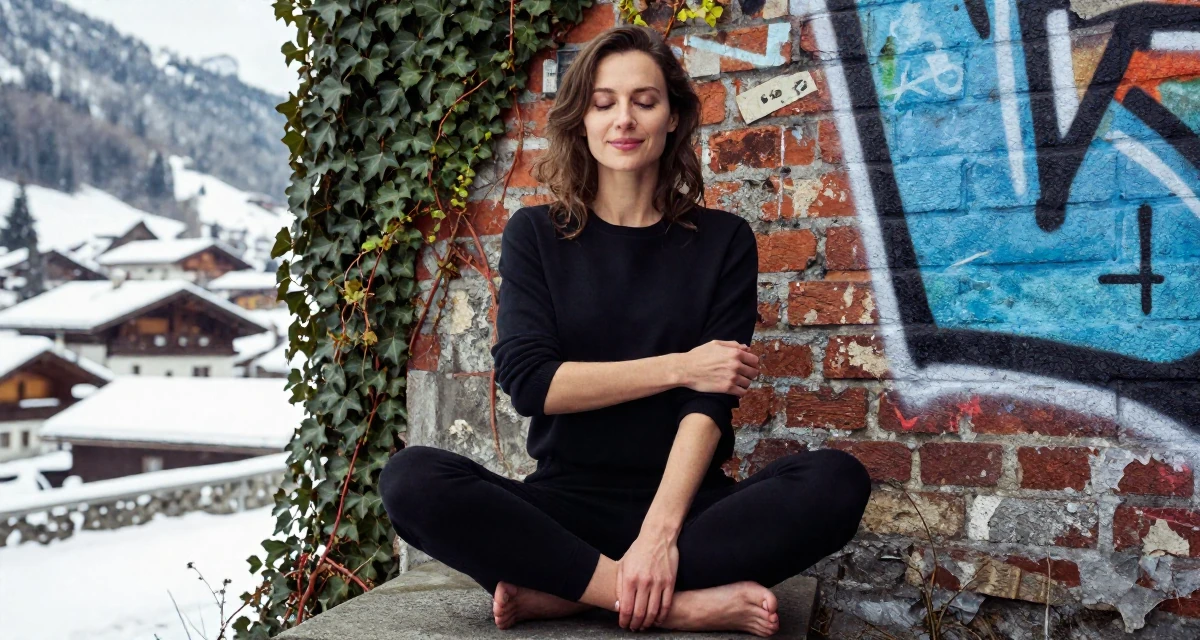 A softly smiling Female From Russia, studied mathematics and cybernetics in their 45, focusing on mental clarity and meditation, wearing a urban minimalist silhouette, adjusting sleeves in a graffiti art wall.