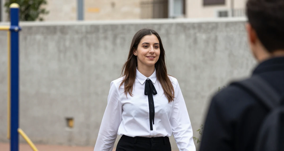 A satisfied Female From Israel, based in Tel Aviv, graduated from an arts program majoring in sensual character creation in their 24, mastering the art of work-life separation, wearing a white shirt with a black ribbon tie, smiling at a stranger in a school playground.