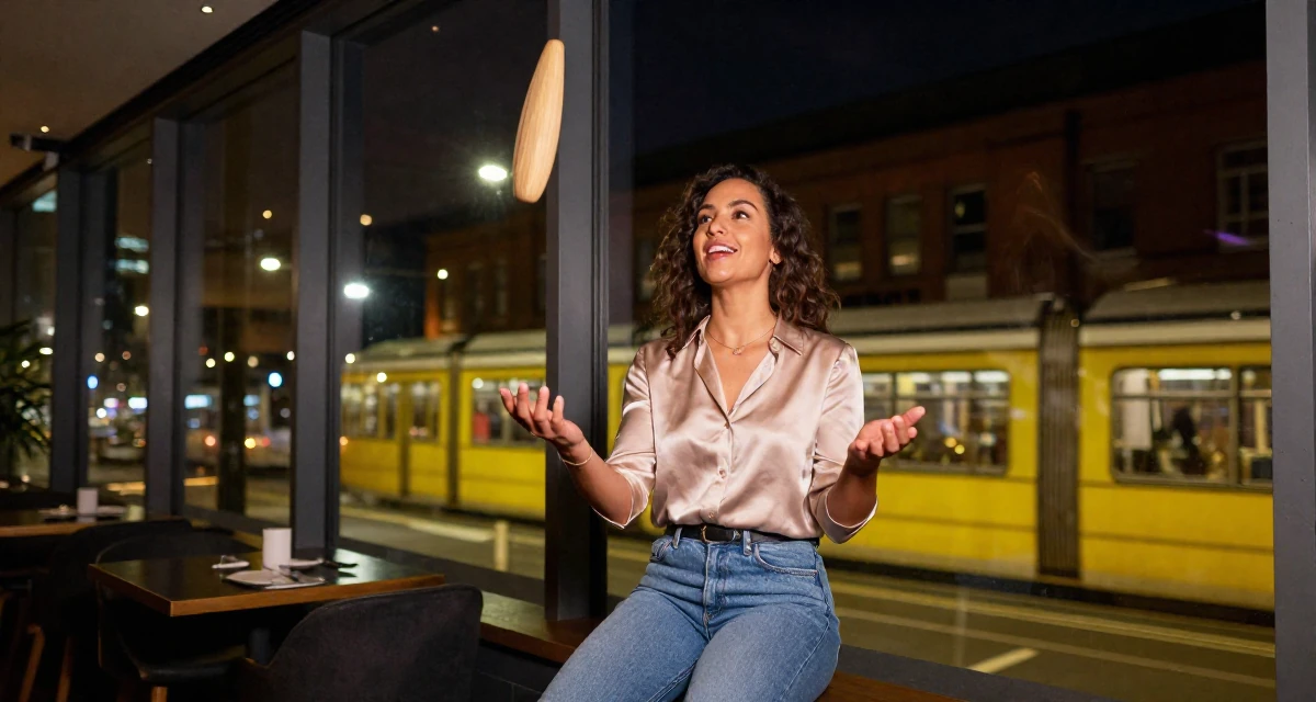 A spirited Female From the United Kingdom, based in Manchester, graduated from a city university majoring in marketing strategy in their 25, juggling early career and side gigs, wearing a soft silk blouse and jeans, pausing mid-step in a dining room.