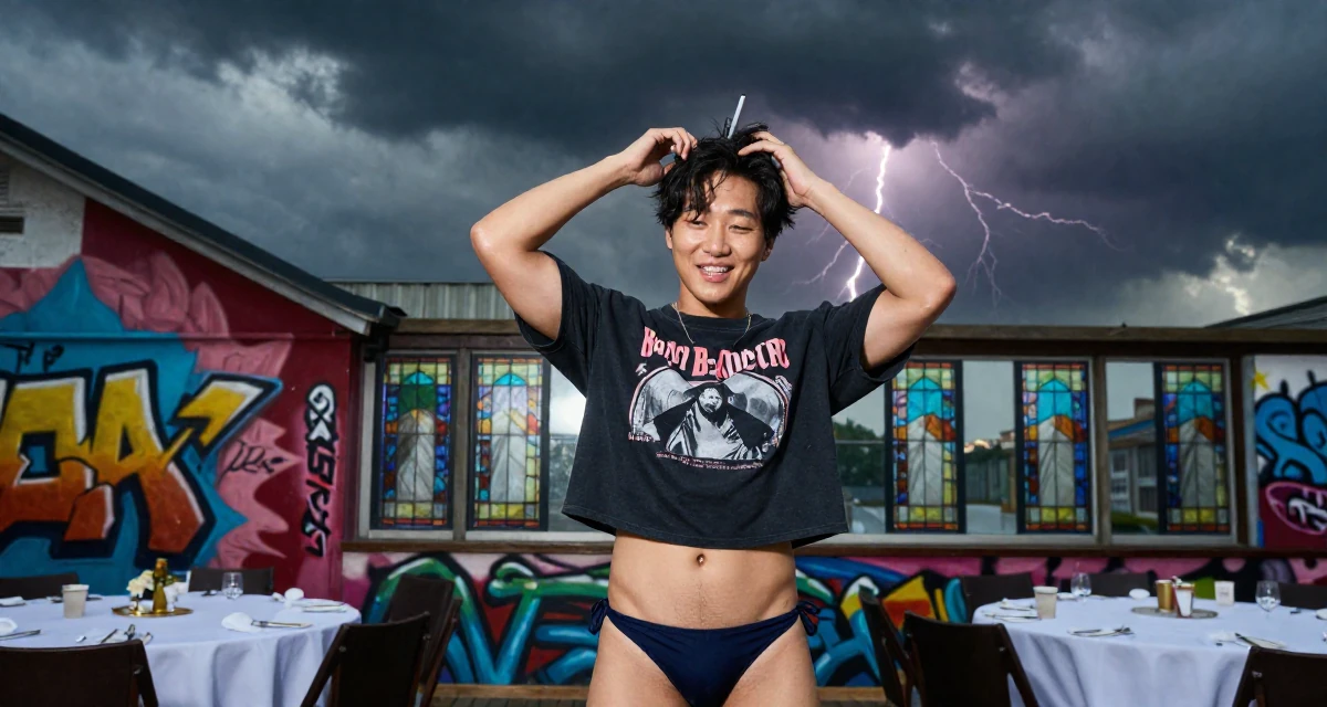 A hopeful male From Busan South Korea, trained at a private dance academy in their 30, recovering workaholic learning to relax, wearing a cropped graphic tee and bikini bottoms, holding a pen in a banquet hall.