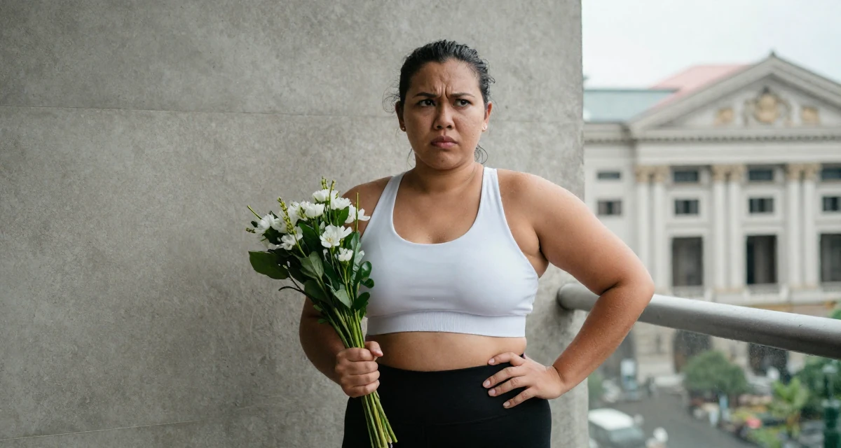 A proud Female From Jakarta Indonesia, developed body-positive messaging through community work in their 22, worrying about disappointing early supporters, wearing a minimalist Scandinavian style, holding a bouquet in a luxury penthouse balcony.